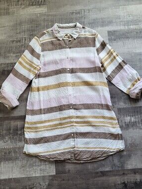 Rachel Zoe 100% Linen Striped Roll Tab Sleeve Button Front Tunic Shirt Large